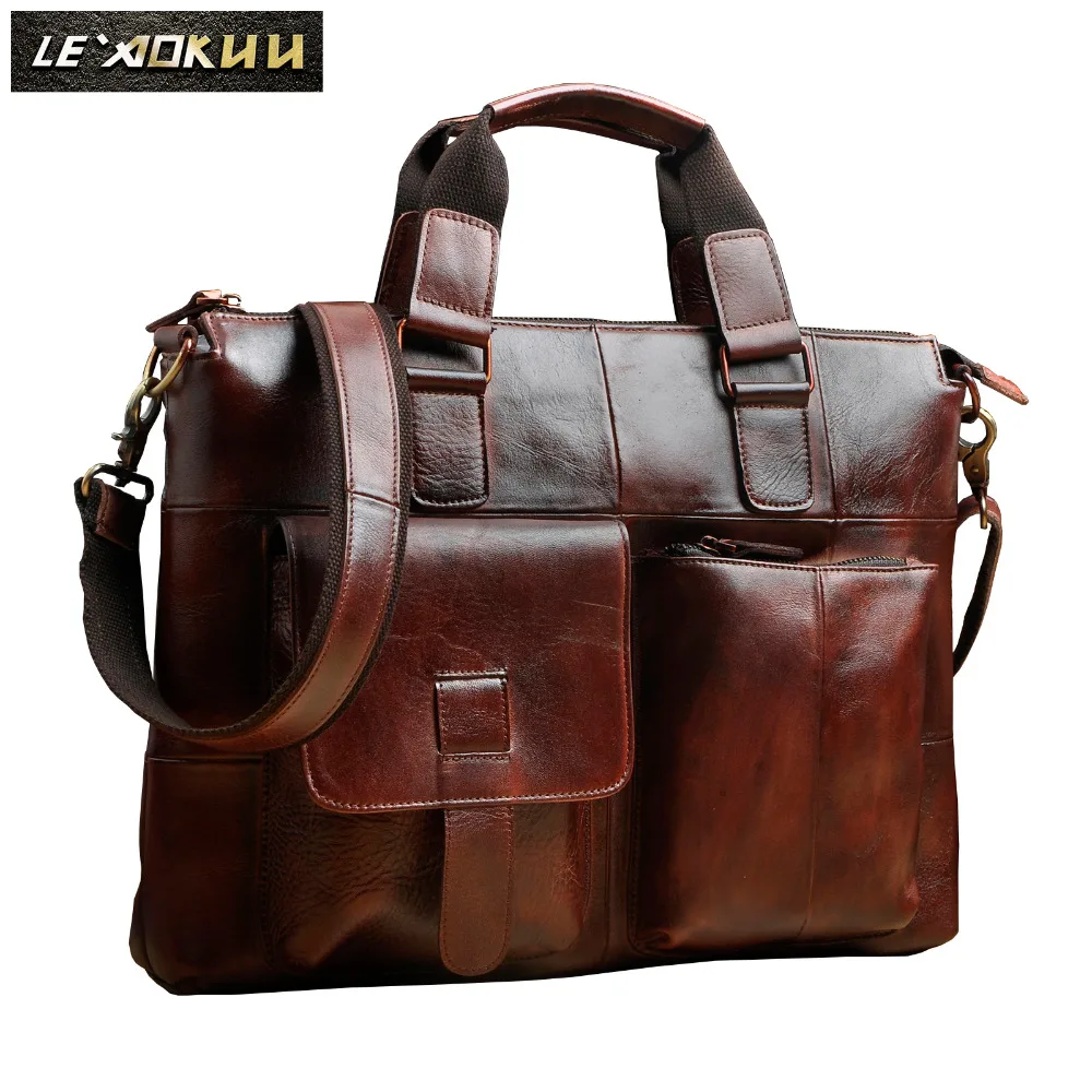 Men Original Leather Retro Designer Business Briefcase Casual 15\