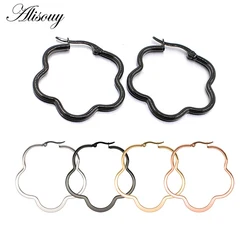 Alisouy 2pcs New Fashion Trend Anti-Allergy 316L Stainless Steel Earrings Plum Blossom flower Large Flat Women Hoop Earrings