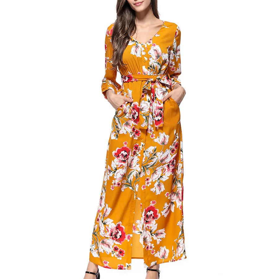 Summer Print Chiffon Bohemian Dresses Women Beach V-Neck Wrist Sleeve Sashes Pocket Slit Long Party Dress Boho Vestidos 2019