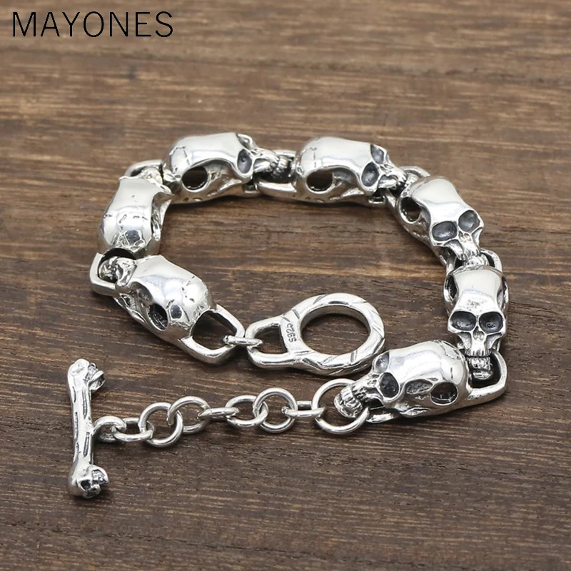 9.5mm width Pure 925 Sterling Silver Skeleton Skull Bracelets for Men Real Silver Punk Vintage Skull Chain Bracelets