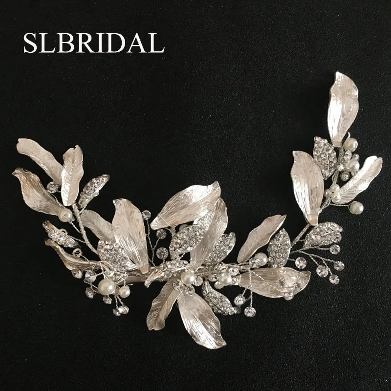 SLBRIDAL Handmade Silver Color Crystals Rhinestones Flower Leaf Wedding Hair Clip Barrettes Bridal Headpiece Hair accessories