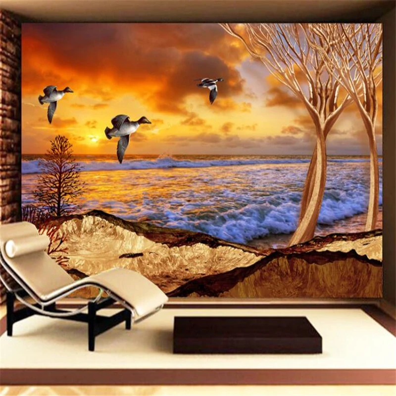 wellyu Modern sunset sea gulls dry tree TV background wall custom large mural green silk cloth wallpaper papel de parede