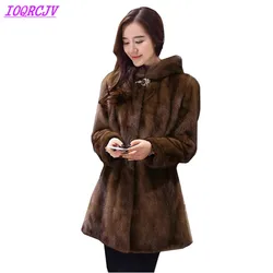 Faux Mink fur Coats for Women Winter Hooded Fur Outerwear Medium length Thick Warm Mink fur Coats Female Outerwear