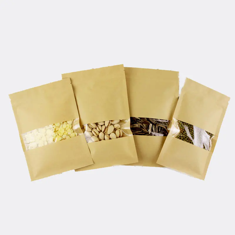 

300pcs Flat Brown Kraft Paper Bags For Gifts/candy/tea/food/wedding With Window No Stand Up Zipper Kraft Bags Crafts Packing Bag