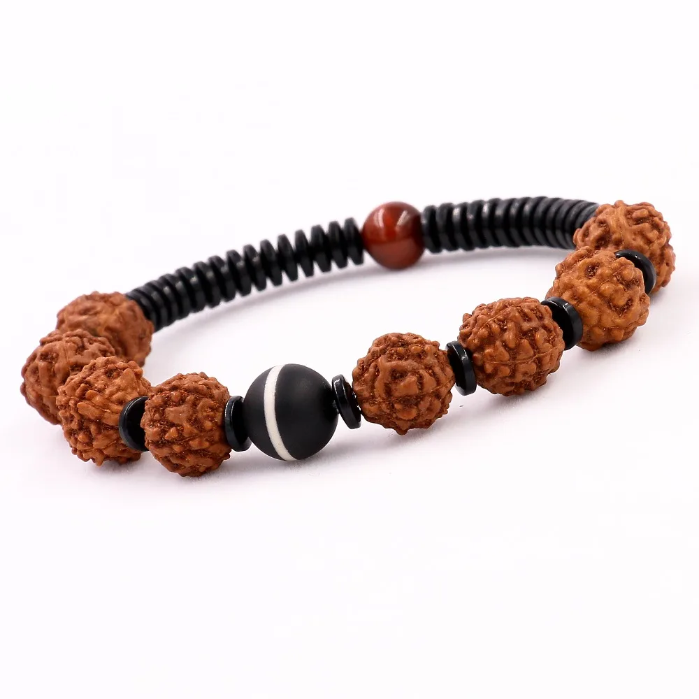 Natural 10mm Rudraksha Beads Tibetan Unisex Red Tiger\'s Eye Yoga Meditation Ethnic Macrame Bracelet For Women and Men