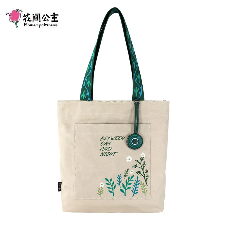 Flower Princess Embroidery Strap Women Tote Bags Summer Casual Shoulder Bag Large Capacity Pocket Handbags Lady Canvas Bag