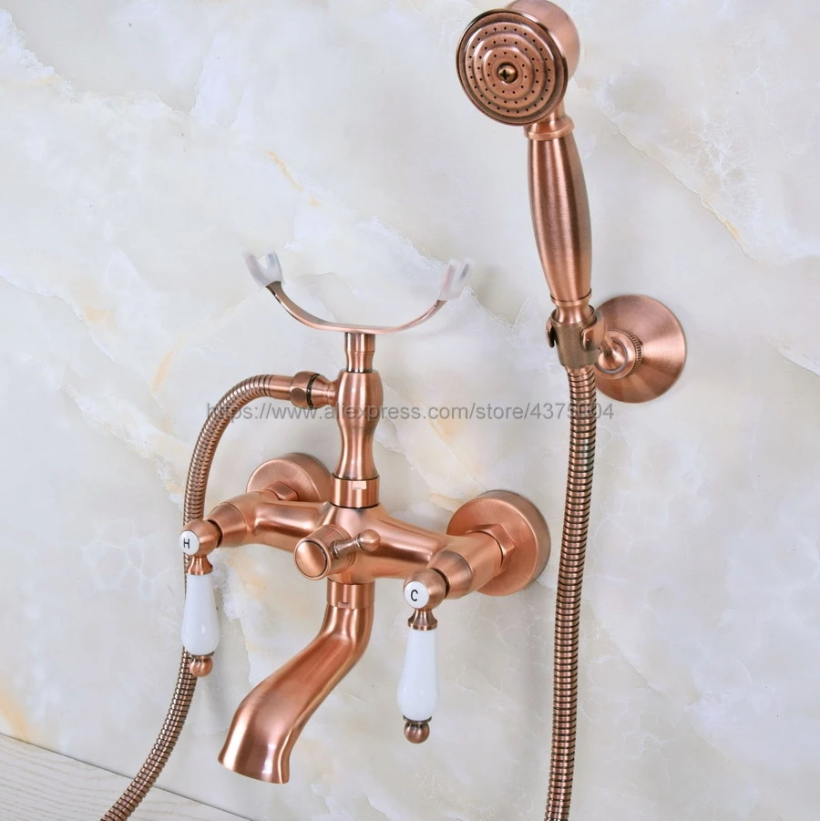 

Antique Red Copper Bathroom Faucet Bath Faucet Mixer Tap Wall Mounted Hand Held Shower Head Kit Shower Faucet Sets Nna374