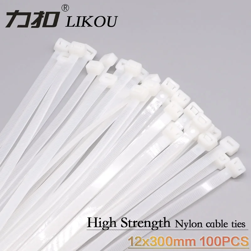 LIKOU High strength Nylon cable tie big cable ties 12x300mm big Plastic self-locking wire ties straps 100PCS white