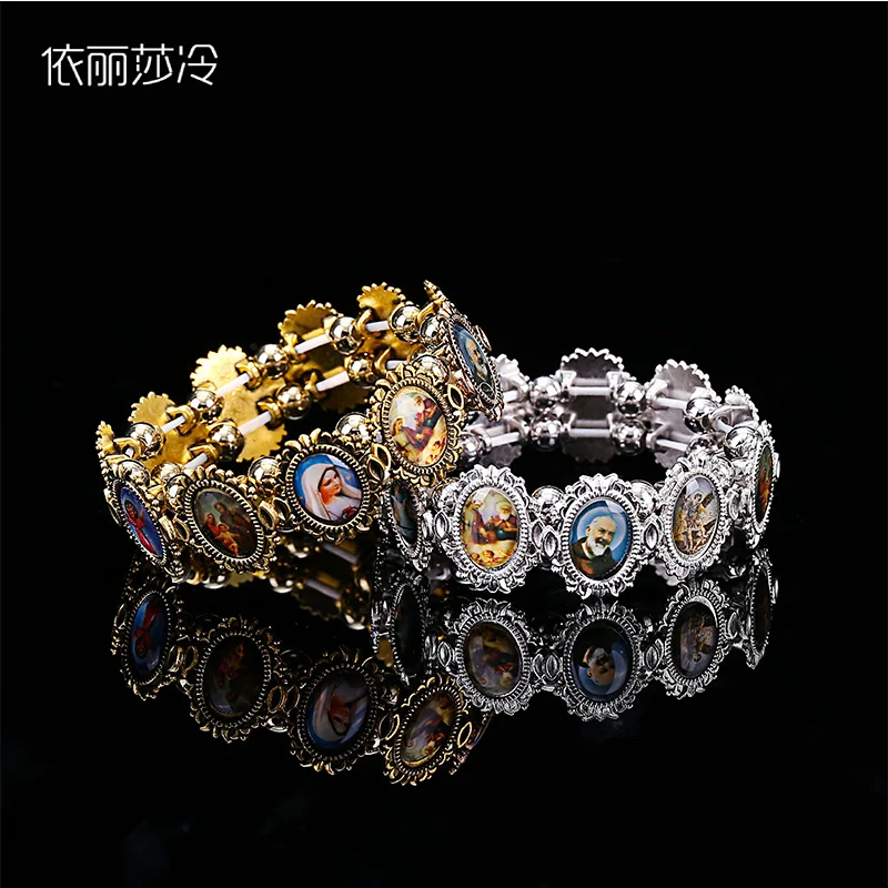 

48 Pieces / Catholic Beaded Bracelet Classic Catholic Saint Elastic Alloy Small Square Bracelet, Random Catholic Image