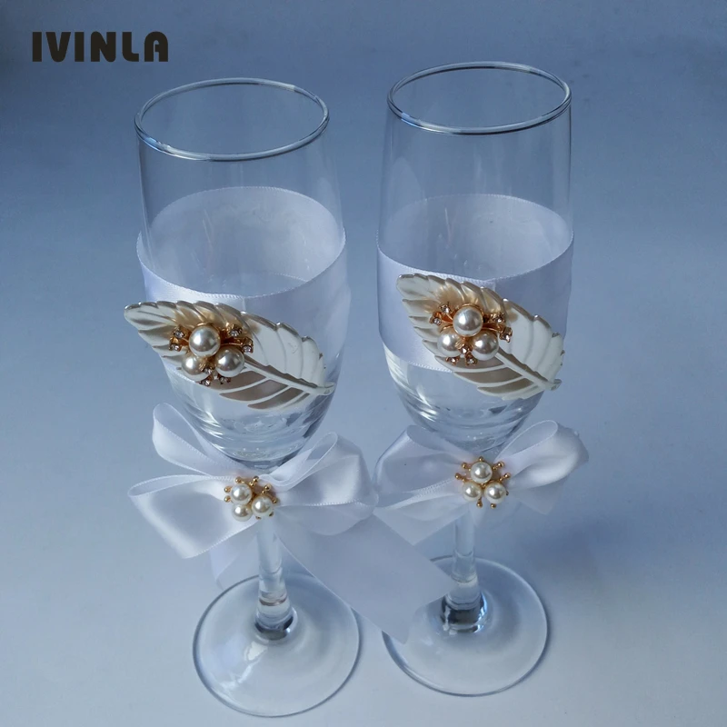 Hot selling 2pcs/lot pearl leaf wedding champagne glasses wedding toasting glasses  gift  for wedding party decoration