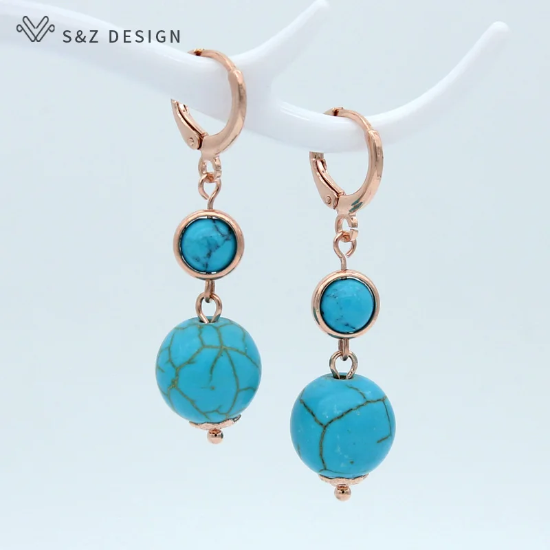 

S&Z DESIGN New Long Round Black Agates Turquoises Dangle Earrings 585 Rose Gold Color Eardrop For Women Party Jewelry Gift