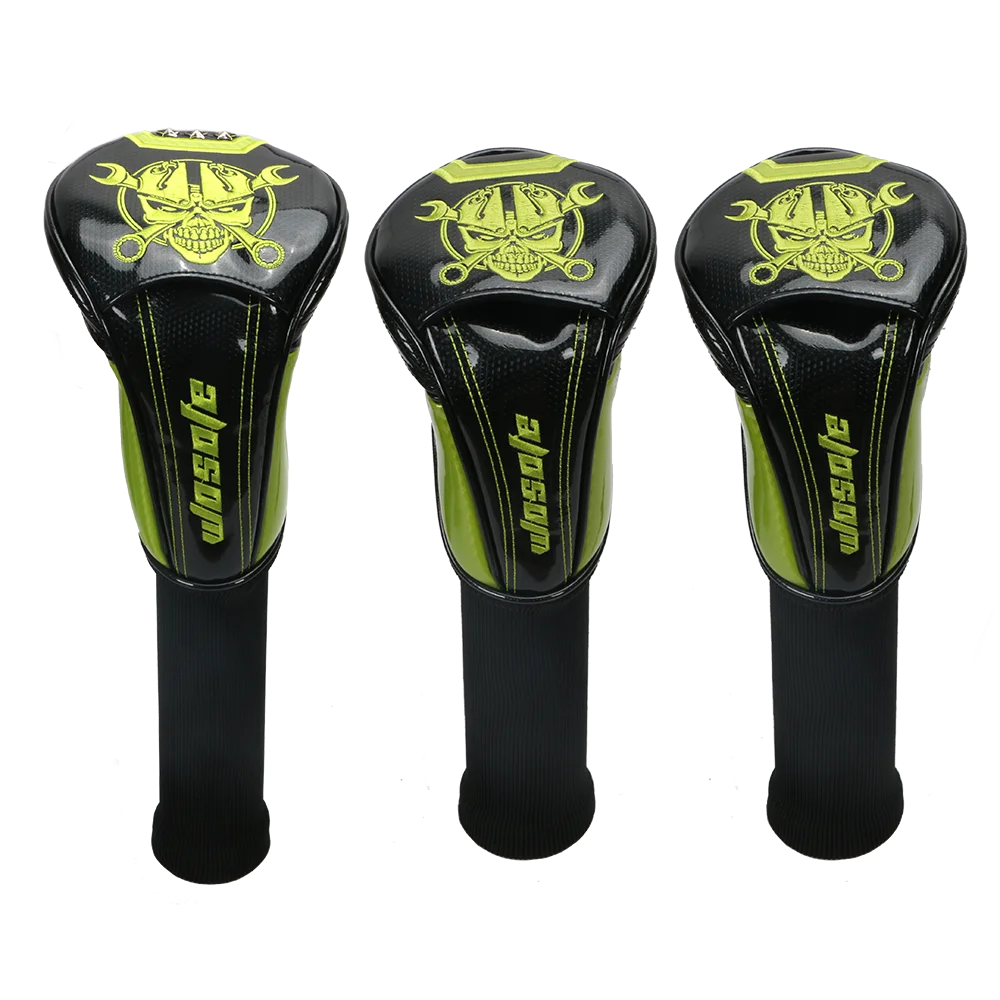 Golf Club Headcovers 1# Driver 3# 5# Wood # Hybrid Cover black PU Leather with green Skull embroidery Head Covers free shipping