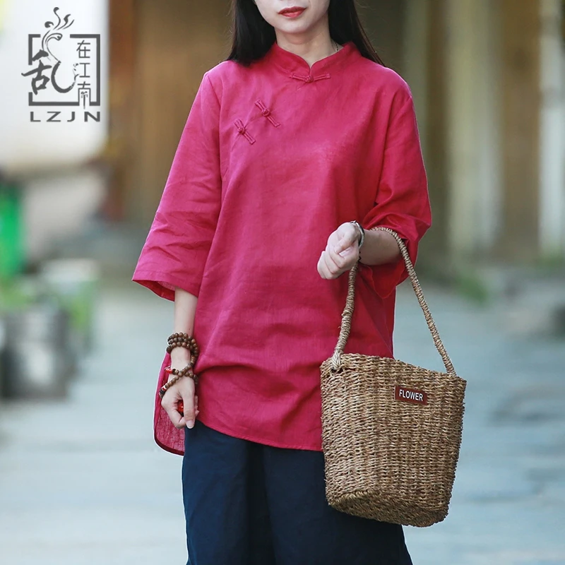 Lzjn 3/4 Lengan Panjang Blus 2020 Musim Panas Musim Gugur Atasan Tunik Wanita Pakaian Tradisional Cina Solid Cheongsam Top Qipao Kemeja