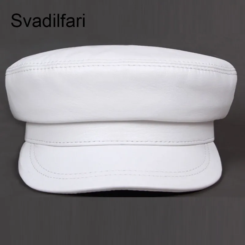 Fashion Real Leather Military Hat Spring Sailor Hat For Women Men Black White Flat Top Female Travel Cadet Cap Captain Cap