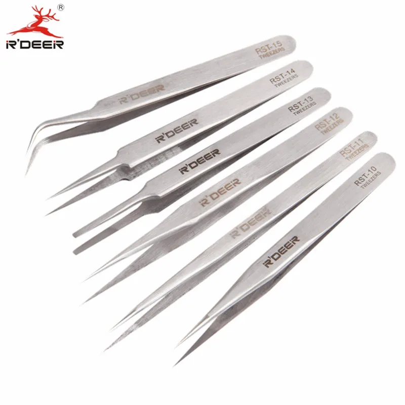 RDEER 6pcs Electronics Tweezers Set Forceps Stainless Steel Alicate Repairing Maintenance Hand Tools