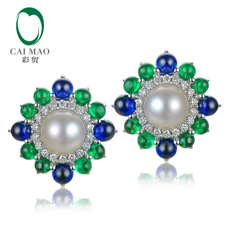 Caimao 18k White Gold Precious 6mm Round Akoya Pearl With Natural Sapphire Emerald and Diamond Earring Fine Gold Jewelry