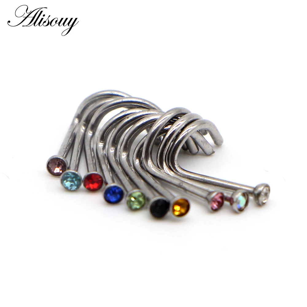 Alisouy 1pc Fashion Stainless Steel Tiny Crystal Rhinestone Nose Studs Hooks Bar Pin Nose Rings Body Piercing Jewelry For Women