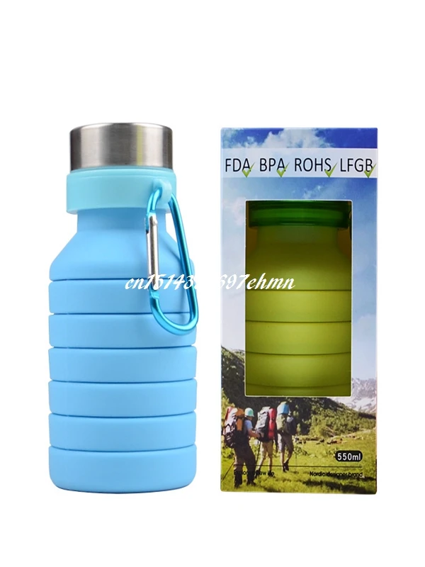 50pcs/lot 550ML Silicone Water Bottle Retractable Folding Coffee Bottle Travel Drinking Collapsible Sport Kettle with hook