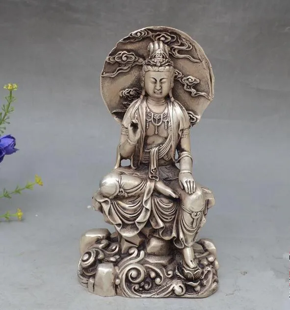 

China collectible archaize white copper auspicious clouds Guanyin bodhisattva statue