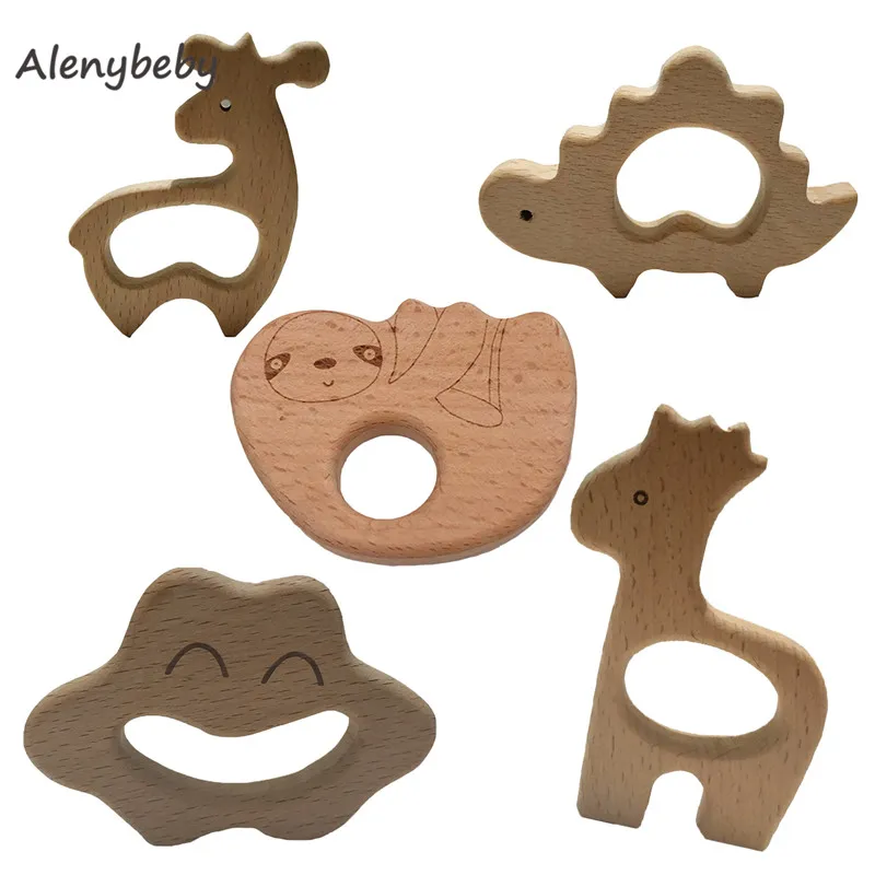 Handmade Natural Beech Wood Animal Shape Wooden Teether Baby Kids Teething Chew Toy