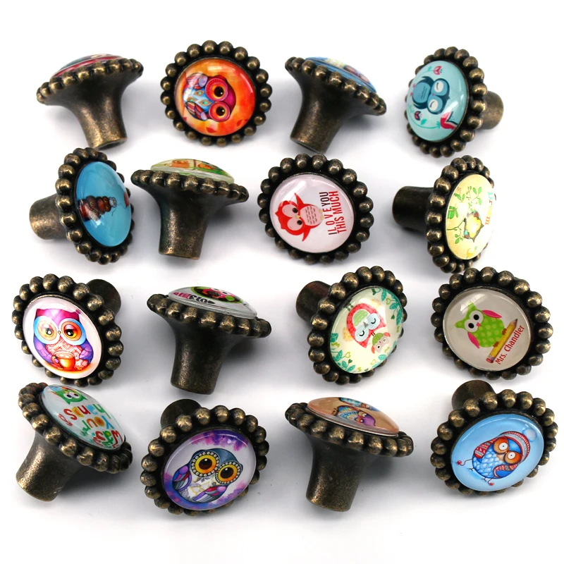 1x Cute Owl/Bird Glass Door Knobs Drawer Cabinet Furniture Kitchen Handle for Kid's Bedroom Drawer Cupbroad