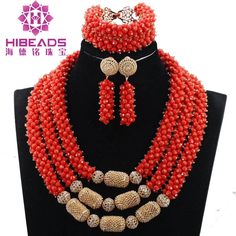 

Trendy African Women Costume Jewelry Set Fantastic Coral Orange Nigerian Wedding Beads Jewelry Set Nigerian Bride Beads ABH392