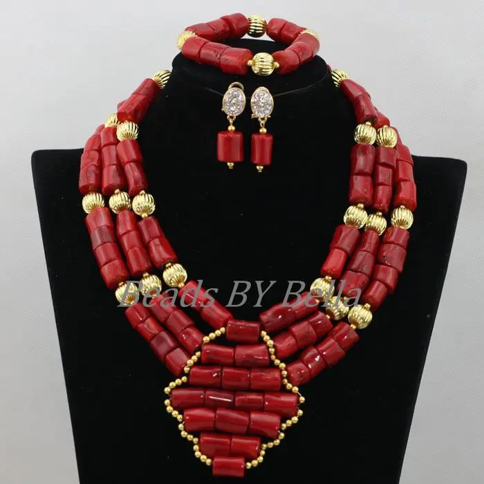 Traditional Indian Bridal Jewelry Sets African Wedding Coral Bead Jewelry Red Nigerian Beads Necklace 2017 Free Shipping ABK001