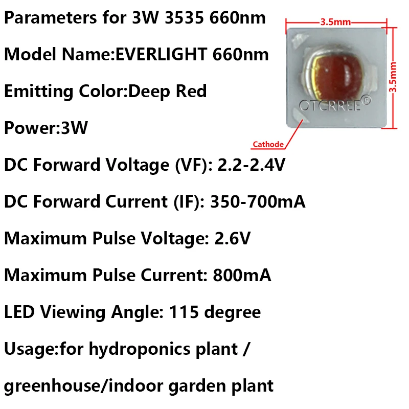 10-100PCS 3W Deep Red 3535 660nm Everlight SMD Plant Grow LED Light  Led Emitter For Indoor Garden Plant Grow Aquarium Spotlight