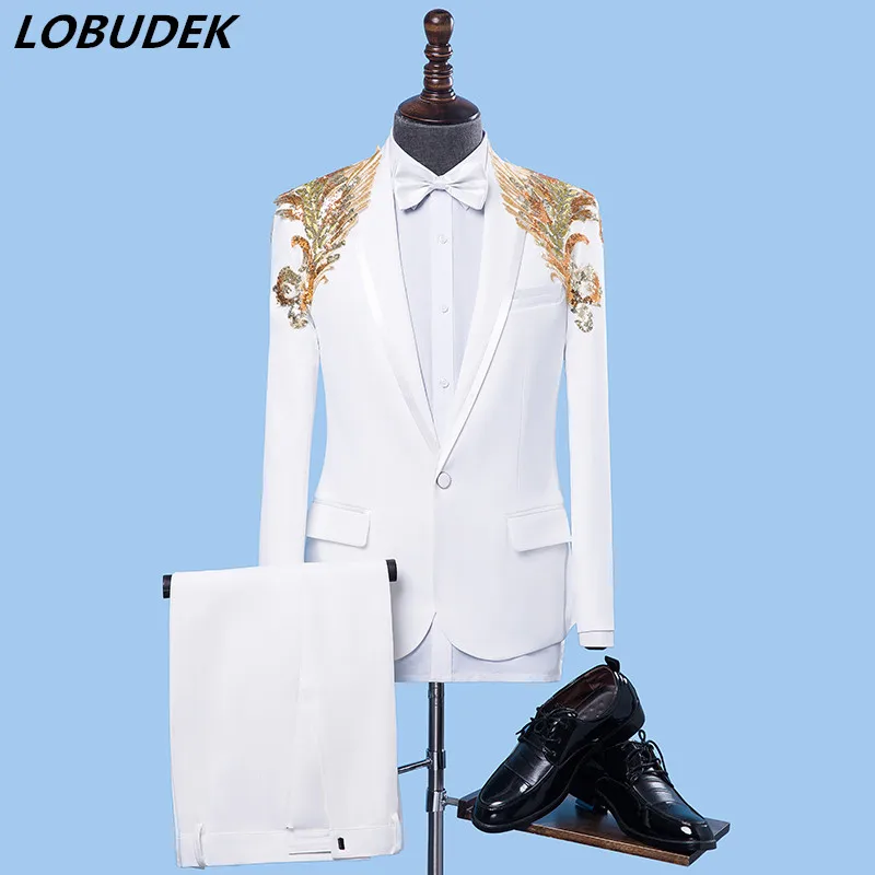 

(jacket+pants) Formal male suit dresses Sequins Blazers set Teams Chorus costume Host stage performance outfit singer Party show