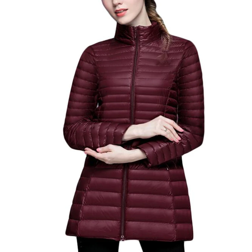 Jesień Zima Ultra Lekkie Białe Parki z Puchu Kaczym Kobiety Ciepła Kurtka Puchowa Kobieta Slim Satnd Kołnierz Midi Długi Puffer Płaszcz Odzież wierzchnia
