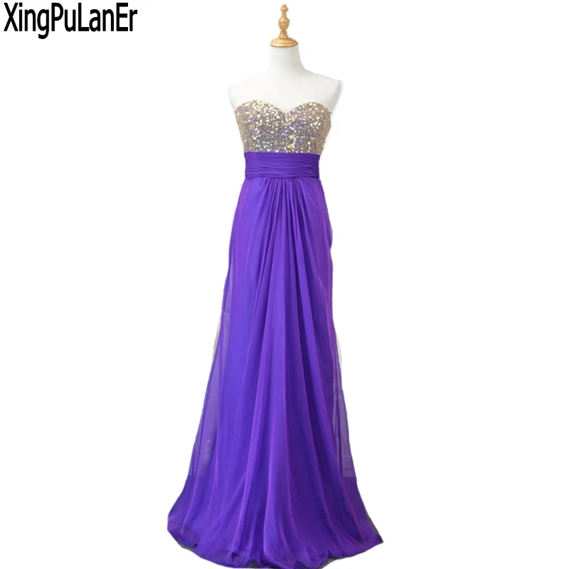 Xingpulaner Een Line Sweetheart Sleeveless Kralen Pailletten Top Sexy Back Paars Chiffon Lange Plus Size Custom Made Lange Prom Dress