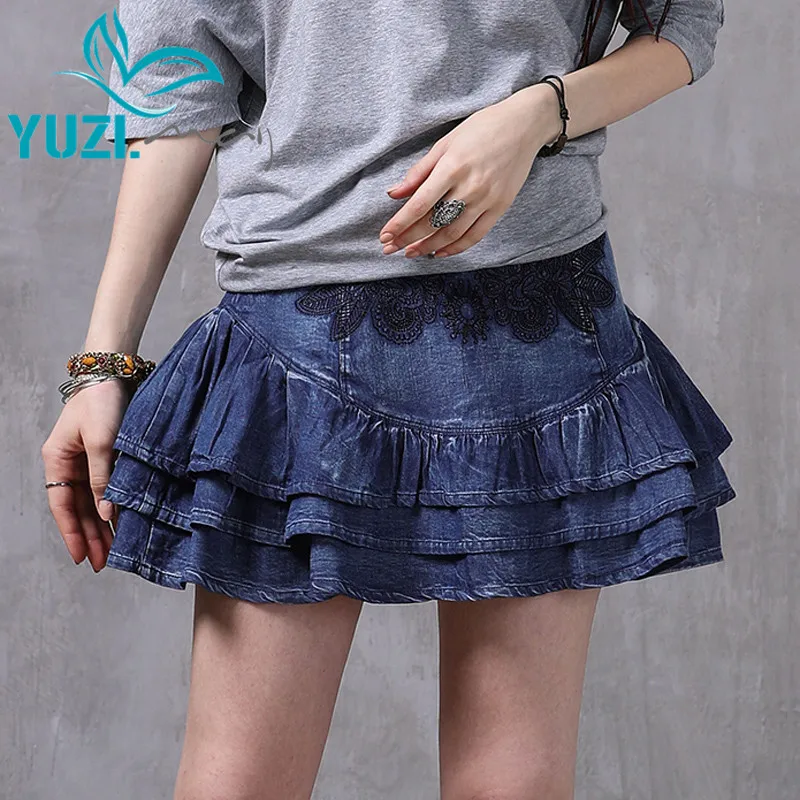 

Skirts Womens 2017 Yuzi.may Boho New Denim Saias Layered Emroidery Ruffles Hem Skin Friendly Ball Gown Saia Feminina X2210