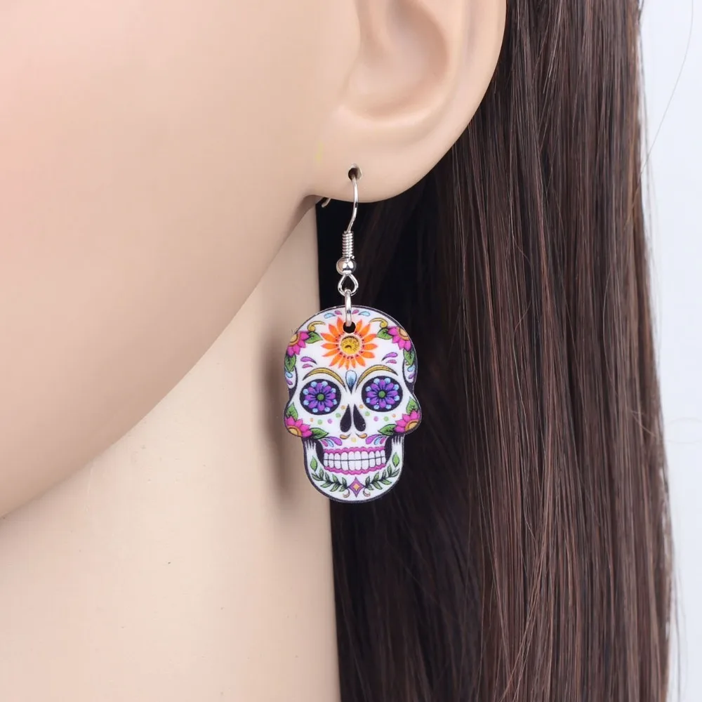 Bonsny Acrylic Dangle Drop Halloween Skeleton Skull Earrings Big Long Punk Novelty Jewelry For Girls Women Ladies  Statement