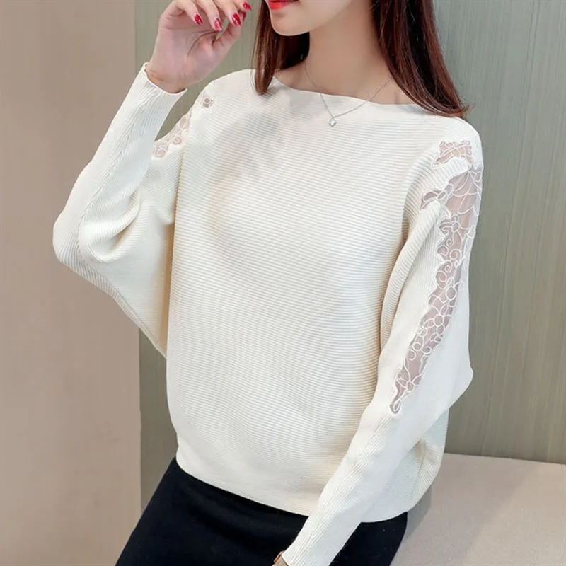 Women Loose Batwing Knitted Pullover Tops Lace Decoration 2019 Autumn Striped Sweaters With Holes Pullovers Fashion Jumper