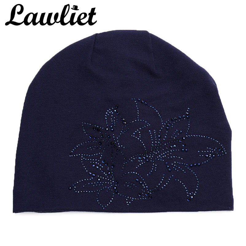 Lawliet Winter Beanies Hat Flower Diamond Knitted Hat for Women Warmer Fleece Lining Bonnet Cap Elegant Ladies Turban Hat A408