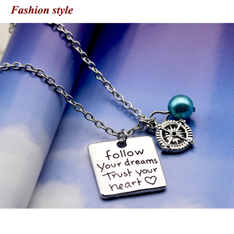 Fashion personality jewelry  Follow your dreams trust your heart compass pearl pendant necklace for Women N258