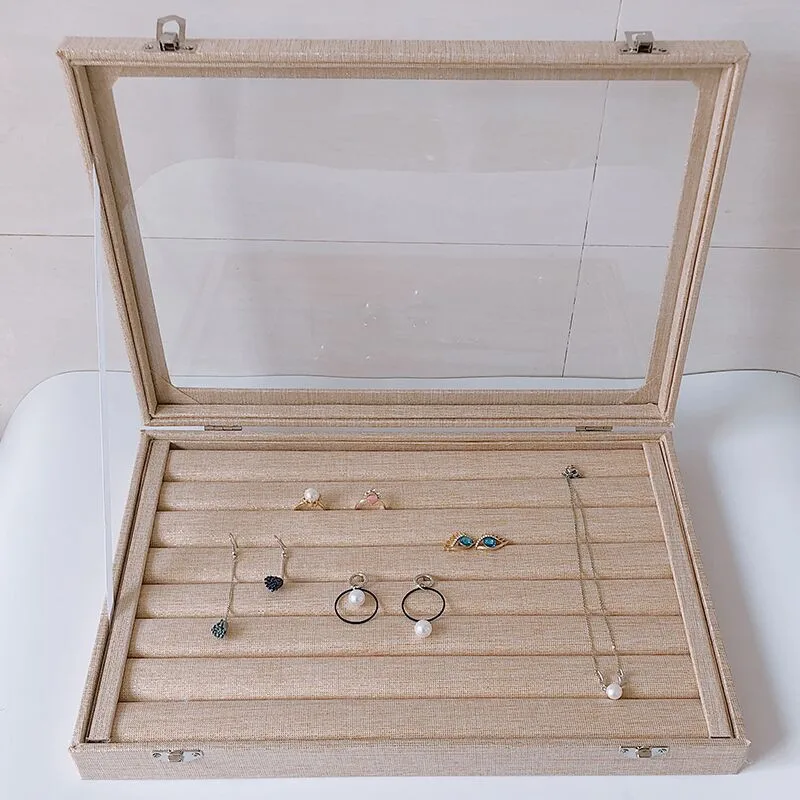 Linen handbag with glass cover jewelry ring display box tray rack storage box organizer earrings ring bracelet