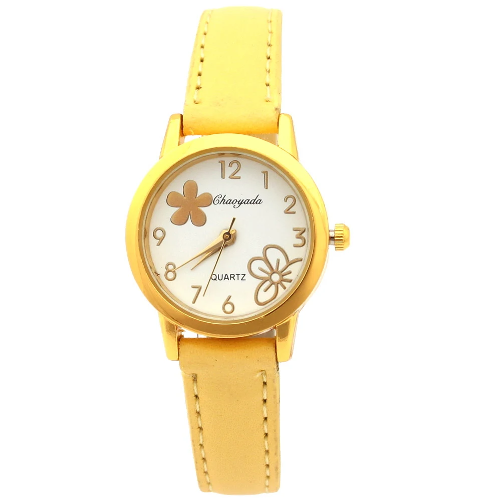 Popular Fashion White Flowers Dial Women Watches Yellow Leather Bracelet White Dial Lady Quartz Girls Wristwatch U55