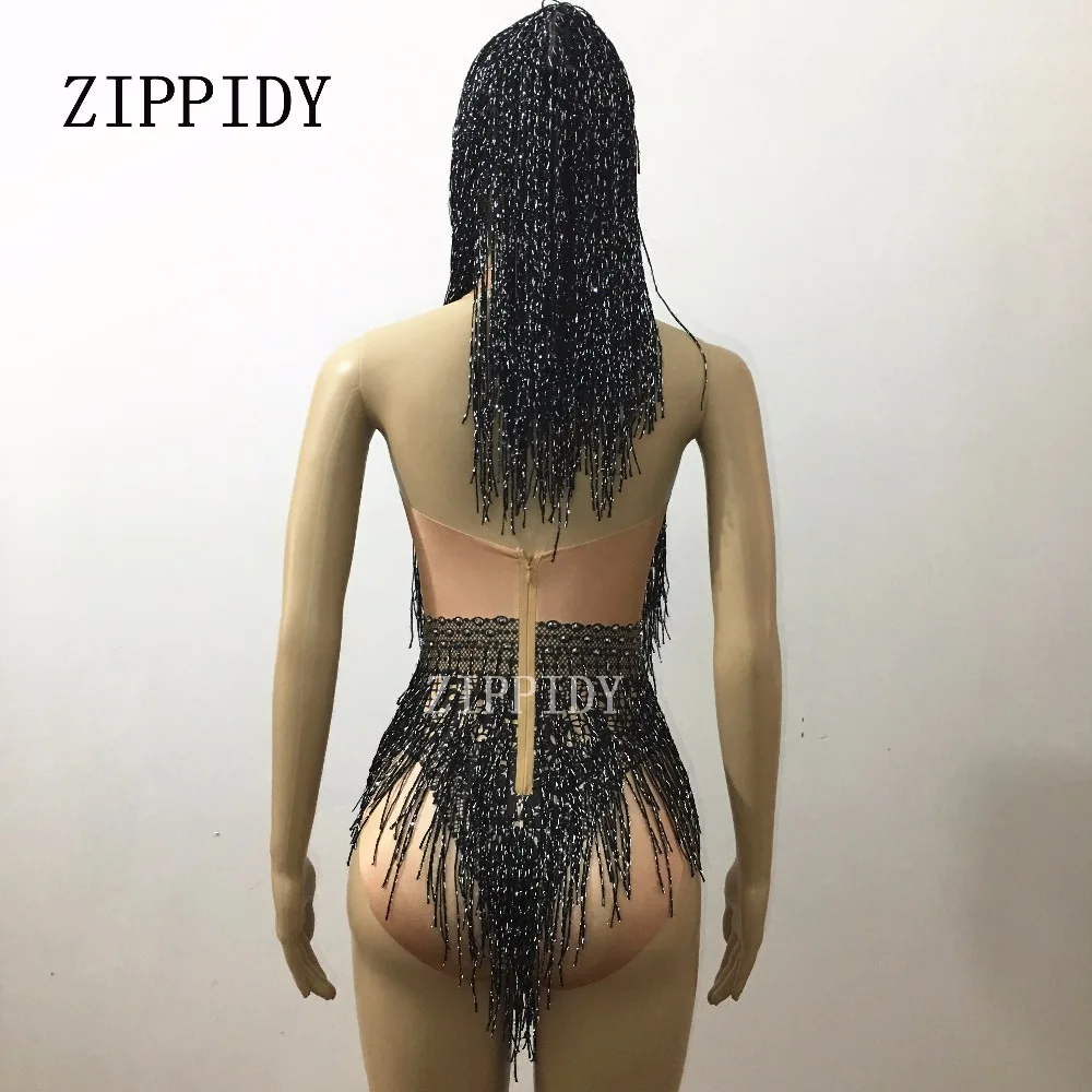 Bersinar Hitam Rumbai Berlian Imitasi Berkilau Batu Bodysuit Nigthclub Penyanyi Pakaian One-Piece Kostum Panggung Acara Leotard Bulang