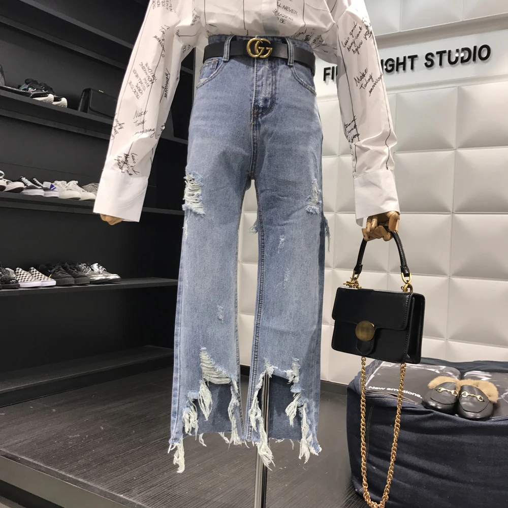 

2022 Summer fashion hole jeans women loose straight wide leg jeans