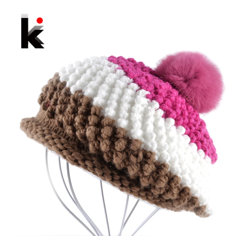 Rabbit Fur Pompom Beret Ladies Knit Winter Hat Hand-Knitted Boina Feminina Gorras Planas Flat Cap Female Berets Hats For Women