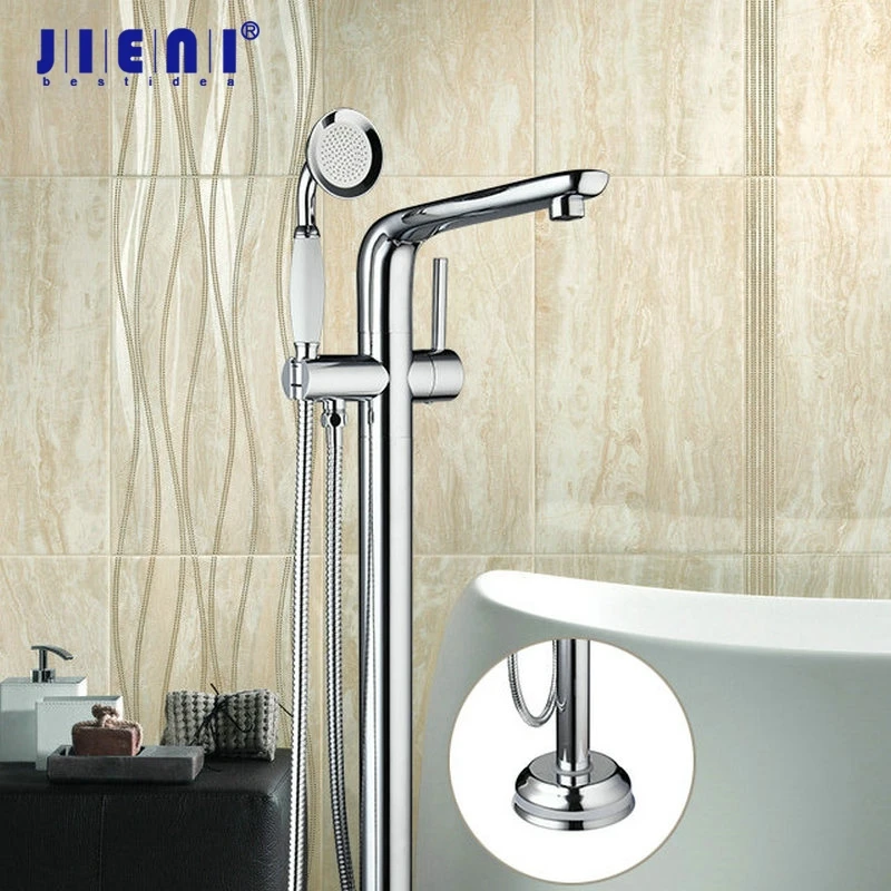 

JIENI Bathroom Shower Set Chrome Brass Single Handle Bathtub Tap Solid Brass Floor Mount Free Stand Tub Shower Mixer Faucet