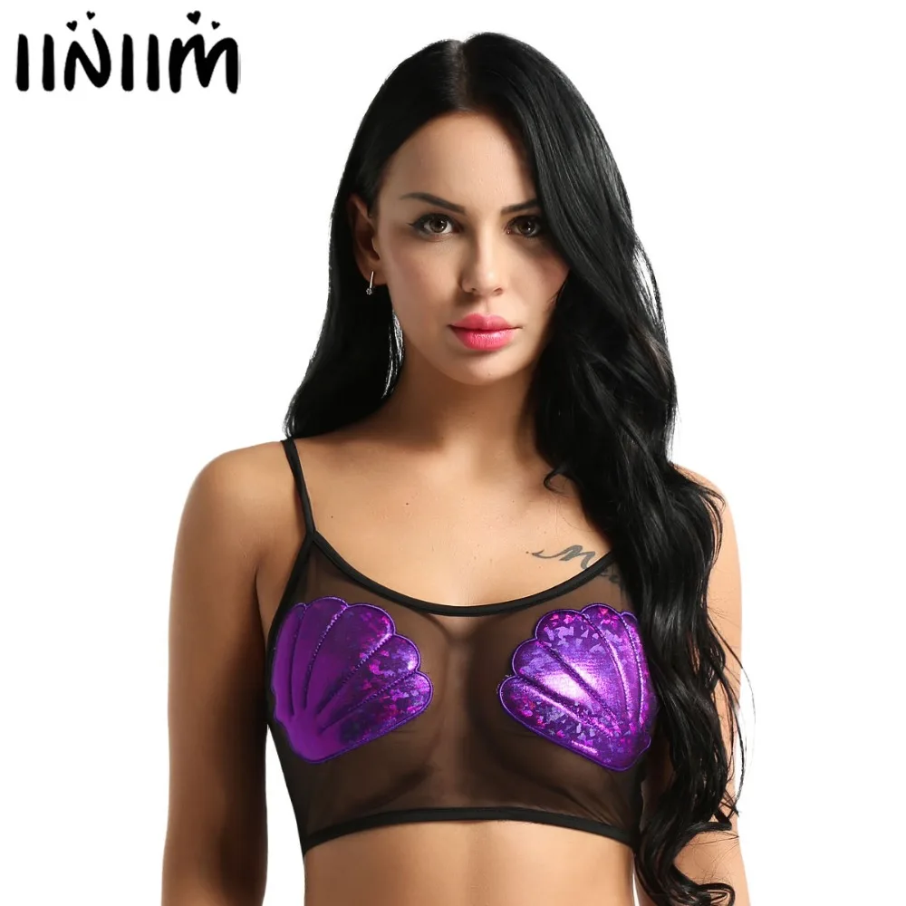 

iiniim Womens Femme Sexy See-through Crop Top Camisoles Straps Sheer Mesh Mermaid Sea Shell Vest Night Clubwear Crop Tank Top