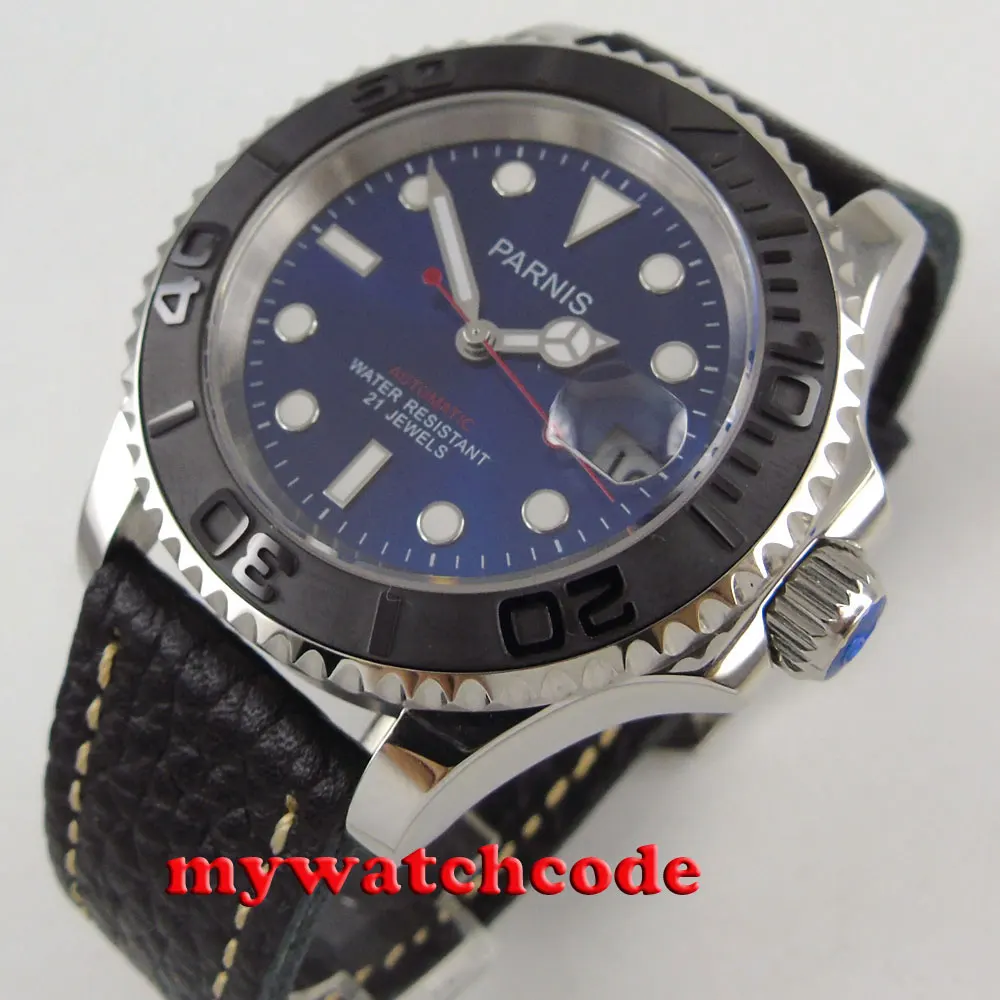 41mm Parnis blau zifferblatt saphirglas Keramik lünette miyota automatische herren uhr