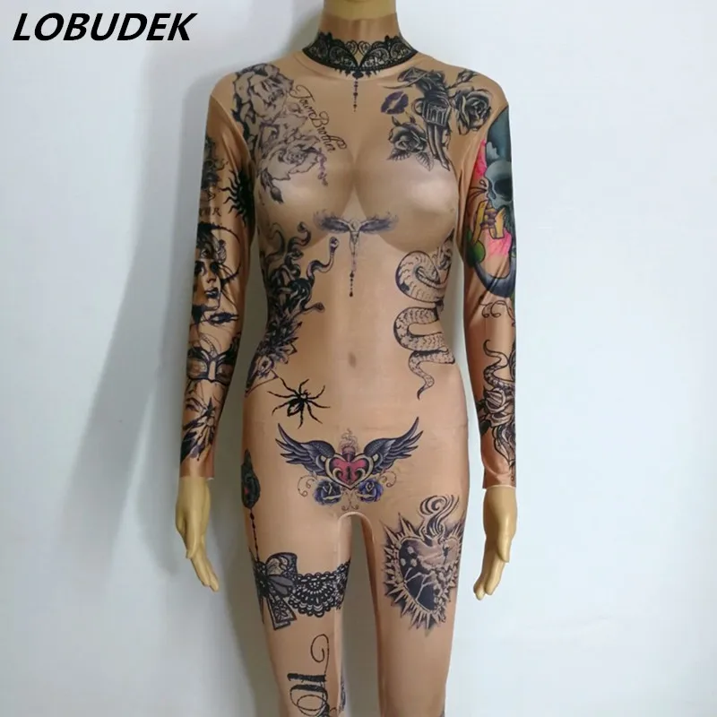 Women High Elastic Tattoo Pattern Jumpsuit Sexy Bar Nightclub Female Pole Dancing Costume DJ Singer Party Show Performance Wears