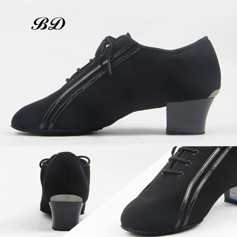 Sneake sepatu dansa Latin pria, sepatu Ballroom Modern JAZZ Slip-UP hitam kain Oxford hak persegi 4.5 CM sepatu dewasa dan anak laki-laki