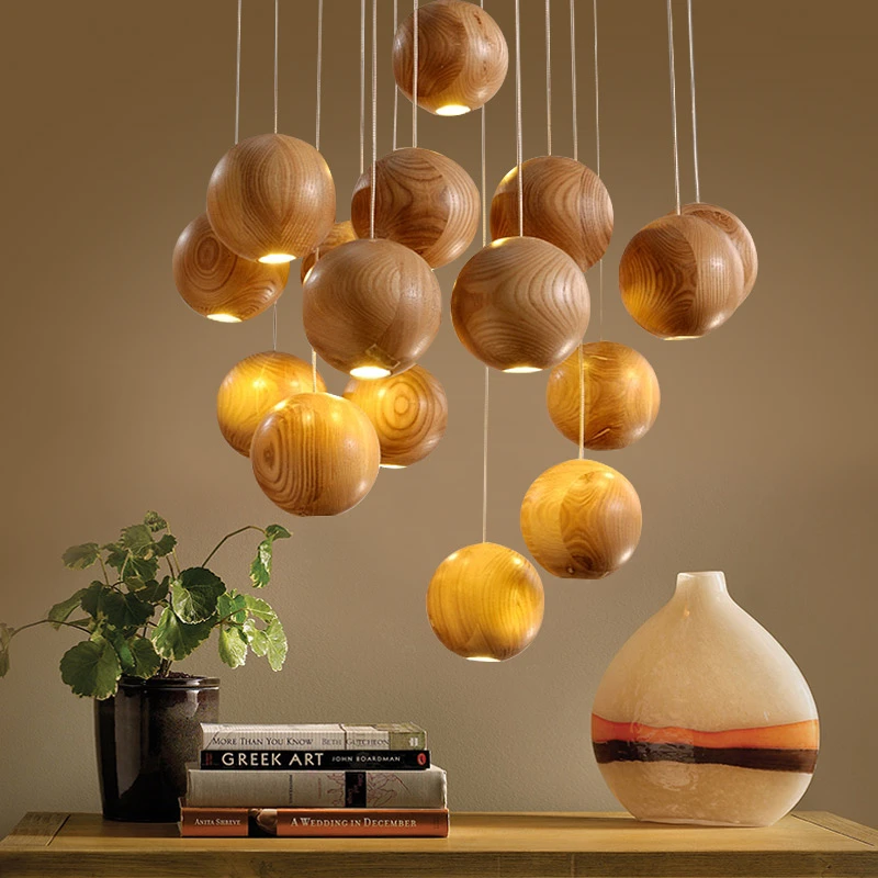 Natural Source Pendant Lights Nordic American Hanglamp Log Restaurant Bar Round Ball LED Solid Wood Luminaire Suspendu