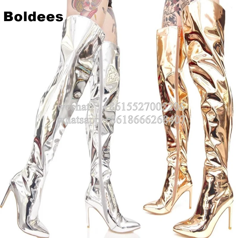 

Fashion Bring Patent Mirror Leather Thigh High Boots Women Pointed Toe Silvery Gold Color Winter Long Boots