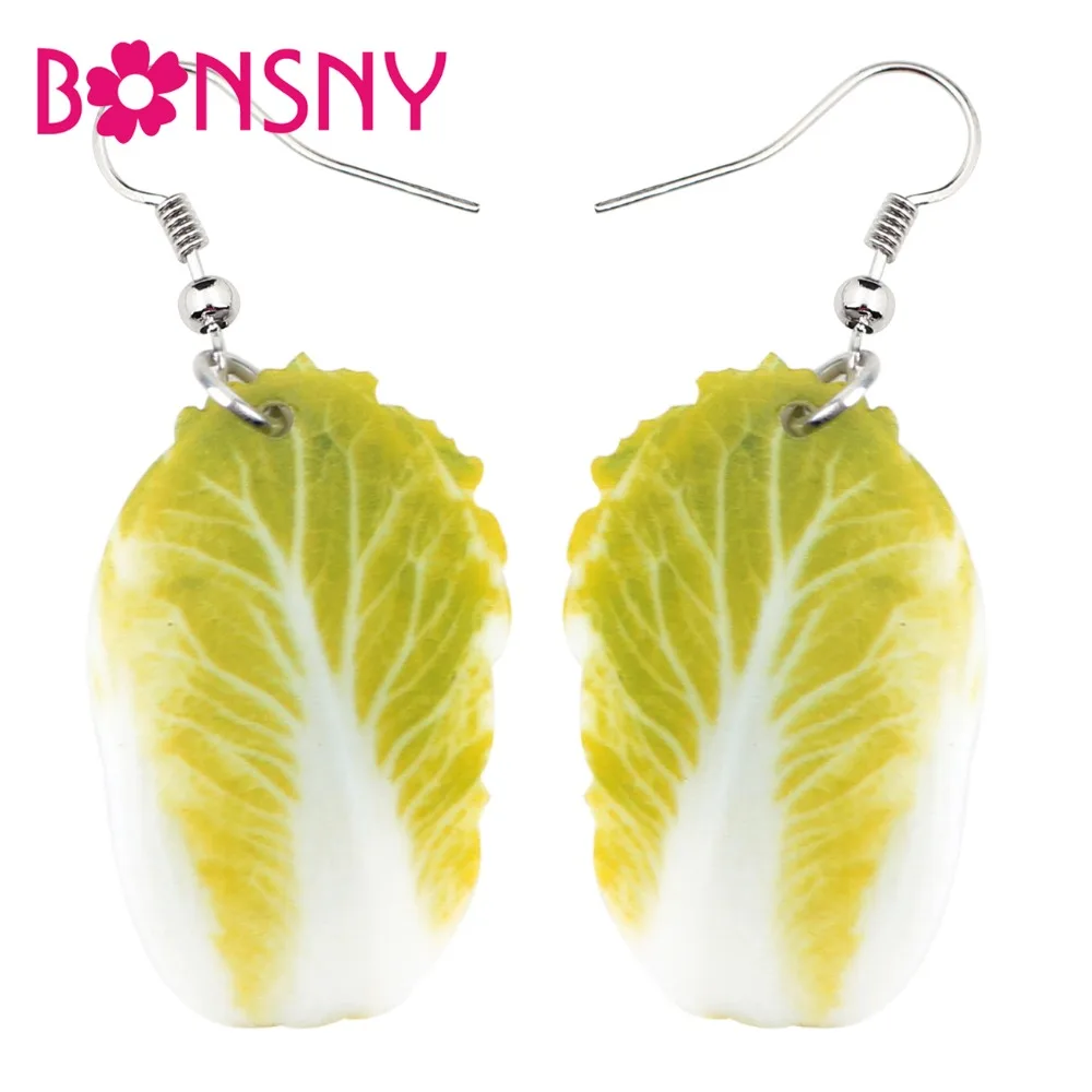 Bonsny Acrylic Green Cabbage Earrings Big Long Dangle Drop Cartoon Vegetable Jewelry For Women Girls Ladies Teens Gift Wholesale