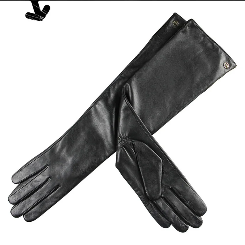 Guantes de cuero de 51cm de largo para mujer, manoplas de cinco dedos de piel de oveja auténtica para banquete, guantes de conducción de ópera